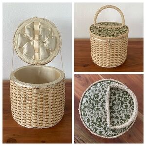 Vintage wicker basket bag sewing craft carrier with pin cushion Made In Japan